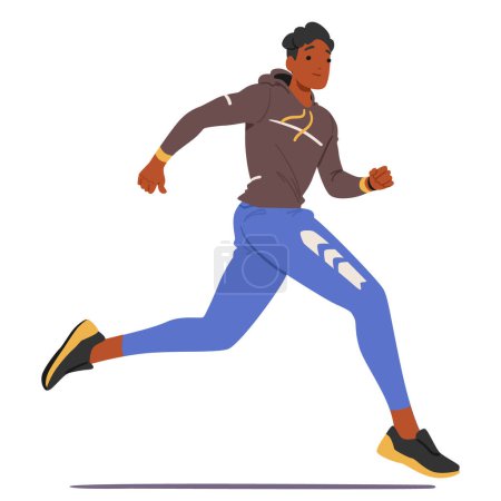 Illustration for Young Male Athlete Character In Mid-stride, Muscles Tensed, Focus Sharp, Feet Barely Touching The Ground, Arms Pumping Rhythmically Embodies Speed And Determination. Cartoon People Vector Illustration - Royalty Free Image