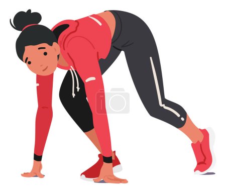 Determined Young Girl Character, Poised On The Track Low Start, Muscles Coiled With Potential Energy, Eyes Fixed Ahead, Ready To Explode Into Motion At The Signal. Cartoon People Vector Illustration