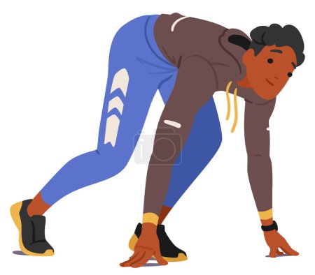 Junger Mann mit Athletencharakter kauert in niedriger Starthose, die Muskeln angespannt, die Augen fokussiert, bereit, mit entschlossener Intensität in Bewegung zu explodieren. Cartoon People Vektor Illustration