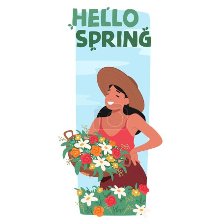 Ilustración de Vibrante Hello Spring Banner muestra un personaje de niña joven en un campo exuberante, sosteniendo alegremente una canasta repleta de flores coloridas, dando la bienvenida al calor y la belleza de la temporada. Ilustración vectorial - Imagen libre de derechos