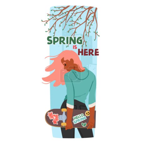 Ilustración de La primavera vibrante está aquí Banner cuenta con un personaje de chica joven que agarra un monopatín, su cabello fluyendo, rodeado de árboles verdes, encarnando a la juventud y el rejuvenecimiento. Dibujos animados Gente Vector Ilustración - Imagen libre de derechos