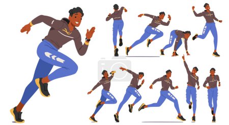 Set of Young Man Runner Athlete Character Displays Fluidity, Determination, And Strength In His Dynamic Poses, Each Stride A Testament To His Agility And Focus. Cartoon People Vector Illustration
