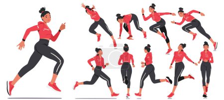 Vector Set of Young Fit Girl Character Dedicated To Her Passion For Running, Displays Determination And Grace On The Track. Her Swift Strides And Focused Expression Showcase an Athletic Prowess