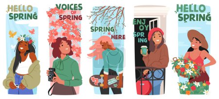 Ilustración de Vibrantes pancartas vectoriales celebrando la primavera con alegres personajes de chicas jóvenes en medio de flores florecientes, sol radiante y mariposas revoloteando, encarnando el rejuvenecimiento y la alegría de la temporada - Imagen libre de derechos
