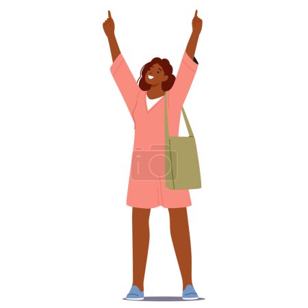 Schwarze Frau blickt nach oben, beide Hände erhoben, eifrig mit den Fingern zeigend, mit einem Sinn für Zielstrebigkeit und Neugier, erhobene Augen, erfüllt von Wunder und Freude. Cartoon People Vektor Illustration