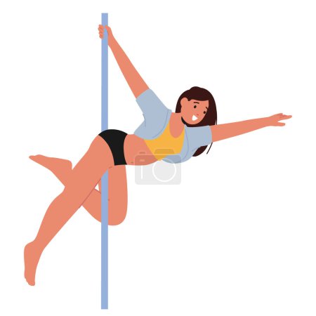 Illustration for Captivating Pole Dancer Character In Vibrant Attire, Gracefully Moves With Mesmerizing Fluidity, Commanding Attention With Breathtaking Spin And Elegant Extension. Cartoon People Vector Illustration - Royalty Free Image