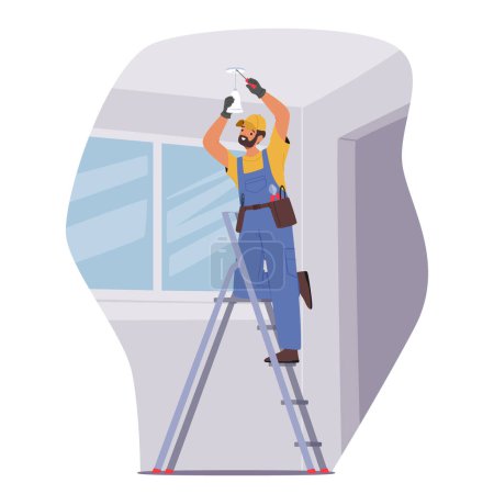 Illustration for Professional Electrician Worker Character Installs A Ceiling Lamp At Home, Ensuring Proper Wiring And Fixture Placement For Optimal Illumination And Safety. Cartoon People Vector Illustration - Royalty Free Image