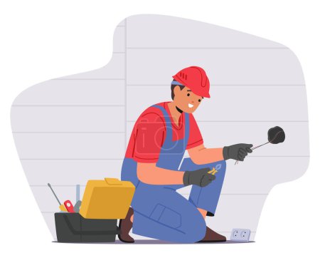 El personaje del electricista instala un zócalo en casa cortando la pared, conectando el cableado, asegurando el zócalo y probando la funcionalidad y la seguridad. Dibujos animados Gente Vector Ilustración