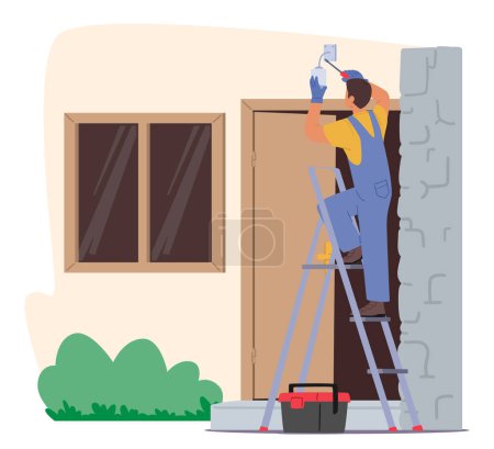 Illustration for Electrician Engineer Character Skillfully Installs A Lamp At The Home Entrance Door, Ensuring Safe, Efficient Lighting For Welcoming Guests And Enhancing Security. Cartoon People Vector Illustration - Royalty Free Image