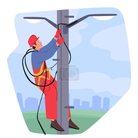 Illustration for Electrician Worker Character Climbing on Power Line for Repairing. Electrical Facilities Concept with Repairman Engineer in Uniform at Wiring Maintenance Work. Cartoon People Vector Illustration - Royalty Free Image