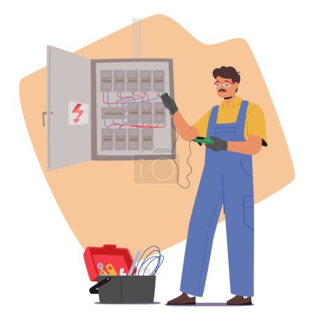Illustration for Electrician Worker Examine Working Draft or Measure Voltage at Dashboard, Skillfully Navigating Technical And Employing Tools To Ensure Electrical Systems Function Safely. Cartoon Vector Illustration - Royalty Free Image