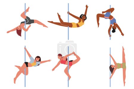 Illustration for Set of Graceful Pole Dancers Move With Fluidity, Body Bending And Extending Around The Poles. Girl Characters Exuding Strength, Elegance, And Captivating Allure. Cartoon People Vector Illustration - Royalty Free Image