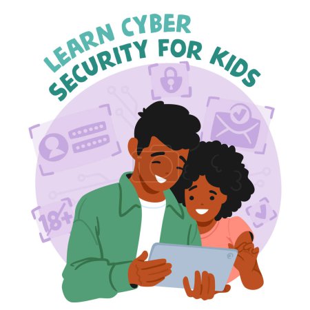 Illustration for Children Learn Cybersecurity Through Interactive Games, Educational Programs, And Parental Guidance, Fostering Awareness Of Online Safety, Privacy Protection, And Responsible Digital Behavior, Vector - Royalty Free Image