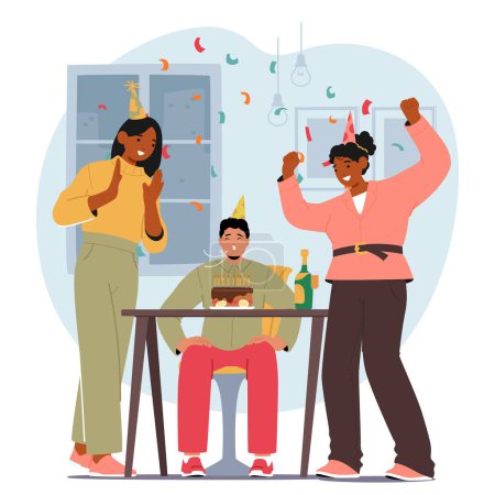 Young Man Character Beams With Joy, Celebrating His Birthday with Two Female Friends Cheer, Blow Out The Candles On His Cake, Surrounded By Laughter And Warmth. Cartoon People Vector Illustration