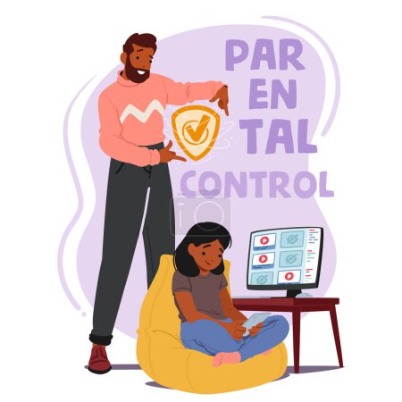 Dad Character Vigilantly Oversees His Child Online Activities, Using Parental Controls On The Pc And Mobile Phone, Ensuring Safe And Educational Digital Environment. Cartoon People Vector Illustration
