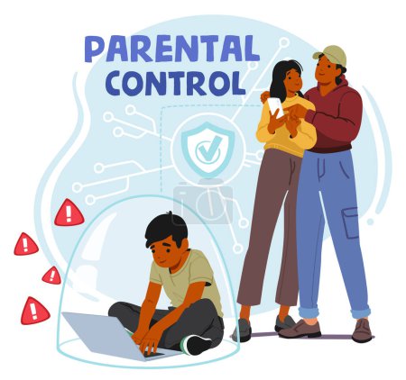 Parent Characters Use Control Tools to Help Safeguard Kid Online By Filtering Content, Limiting Screen Time, And Monitoring Activities To Ensure A Safe And Age-appropriate Internet Experience, Vector