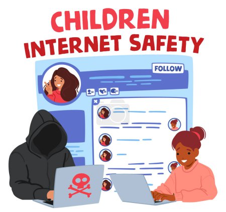Illustration for In A Brightly Colored Online Chat Room, A Girl Types Cheerfully with Hooded Anonymous Figure, Watches Silently, Emphasizing The Need For Internet Safety Awareness. Cartoon People Vector Illustration - Royalty Free Image