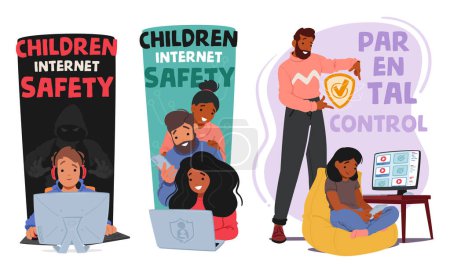 Illustration for Parental Control, Web Safety Vector Concept. Parents Characters Monitor And Manage Their Children Online Activity, Restricting Access To Inappropriate Content And Ensuring A Safe Digital Environment - Royalty Free Image
