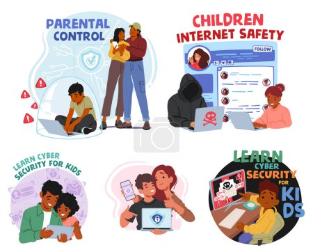 Parental Control and Web Safety Vector Set. Parents Use Tools Help Guardians Monitor And Manage Their Children Online Activities, Ensuring A Safe Browsing Experience By Filtering Inappropriate Content