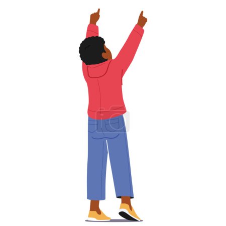 Illustration for Child Boy Character Extends An Arms Upwards Back View, Fingers Pointing Skyward, Embodying Curiosity And Wonder. Gesture Suggests Discovery Or Questioning. Cartoon People Vector Illustration - Royalty Free Image