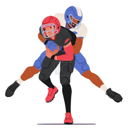 Ilustración de Los jugadores de rugby chocan con la ferocidad intensa, los músculos se endurecen, a medida que se agarran y empujan, se enfrentan con determinación y el crudo deseo de dominar el estiramiento o el abordaje. Ilustración de vectores de dibujos animados - Imagen libre de derechos