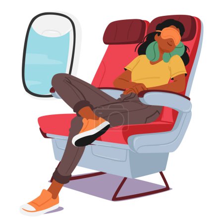 Frau im Flugzeug, eingebettet mit einem Nackenkissen und einer Schlafmaske, döst in gelassener Repose. Entspannte weibliche Figur mit Reisekissen im Flugzeug. Cartoon People Vektor Illustration