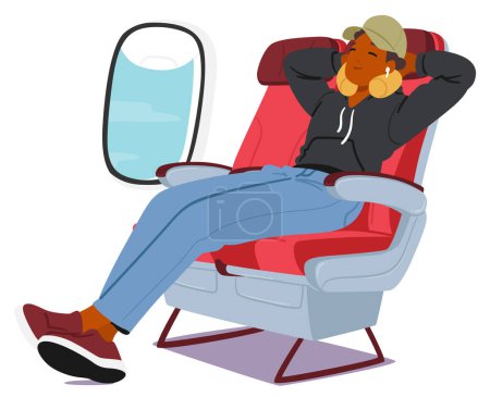 Illustration for Young Man Reclines In His Plane Seat, Plush Neck Pillow Cradling His Head, Earbuds Nestled In His Ears. Black Male Character with Eyes Closed In Tranquil Isolation. Cartoon People Vector Illustration - Royalty Free Image