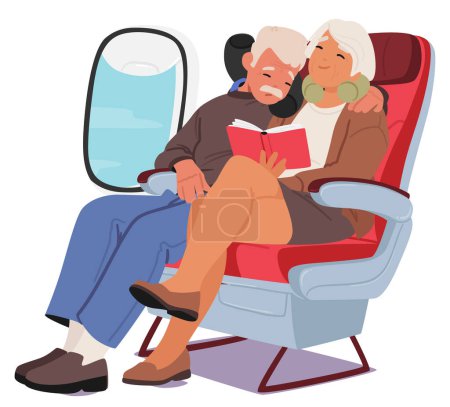 Ilustración de Personajes de pareja sénior anidados juntos en el avión, encuentra consuelo con almohadas de cuello suave que acurrucan sus cabezas, el anciano y la mujer duermen con rostros pacíficos durante los viajes. Ilustración de vectores de dibujos animados - Imagen libre de derechos