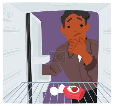 Ilustración de Carácter masculino reflexivo, envuelto por el vacío de su refrigerador, retumba con una mirada esperanzadora, buscando una apariencia de sustento en medio de los estantes estériles. Ilustración de vectores de dibujos animados - Imagen libre de derechos