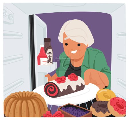 Ilustración de Old Female Character Taking Sweets from Refrigerator. Mujer mayor se inclina en su refrigerador, mirando detrás de pasteles, buscando un artículo de comida específica entre el laberinto refrigerado. Ilustración vectorial - Imagen libre de derechos