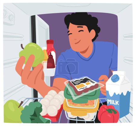 Male Character Rummaging Through Fridge Shelves, Hunting For Sustenance and Struggle Against Hunger. Young Smiling Man Holding Apple, Choosing Healthy Snack. Cartoon People Vector Illustration