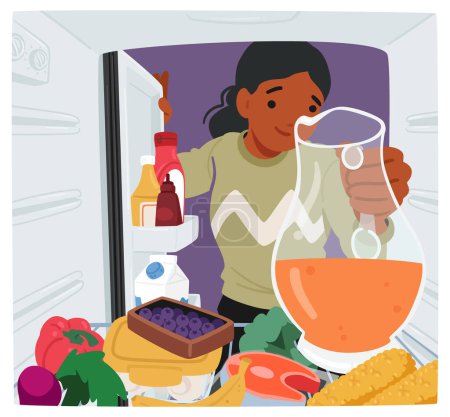 Illustration for Female Character Leans Into An Open Fridge, Rummaging Through Shelves Crowded With Containers and Various Healthy Foods, Searching For Something Appetizing To Eat. Cartoon People Vector Illustration - Royalty Free Image