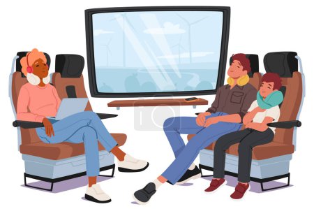 Illustration for Traveler Characters On Train, Nestled Against Window, Leaning On Seats with Their Travel Pillows. People Seeking Comfort And Semblance Of Rest Amidst The Locomotive Hum. Cartoon Vector Illustration - Royalty Free Image