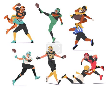 Rugby Players Characters Tackle, Pass, Kick, Run, Fight And Strategize To Advance The Ball And Score Points While Adhering To The Rules Of The Game. Cartoon People Vector Illustration, Set