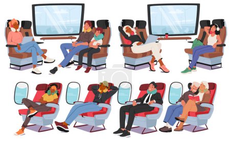 Illustration for People With Travel Pillows, Provide Neck And Head Support, Making Sleep Or Rest More Comfortable On Planes and Trains. Cartoon Vector Traveler Characters Seeking Relax and Comfort During Long Journeys - Royalty Free Image