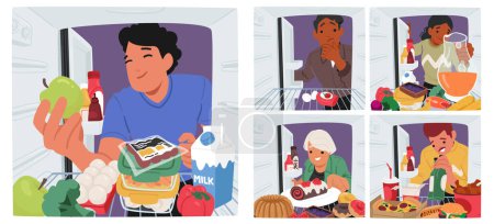 People Inside Fridge Rummaging For Food, Light Flickering, Cold Air Swirling. Characters Hands Reaching Searching For Leftovers And Snacks Amidst The Chilly Shelves. Cartoon People Vector Illustration