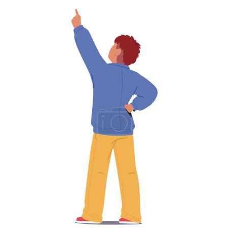 Child Rear View, Pointing Upward With Wonder, Curiosity And Excitement. Little Boy Character Embracing The Joy Of Discovery, Standing with Raised Hand. Cartoon People Vector Illustration