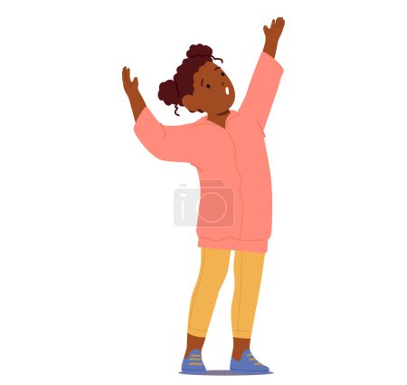 Ilustración de Carácter de niño pequeño con mano que alcanza el cielo, dedos que se estiran hacia los cielos, ojos anchos con maravilla y curiosidad, chica negra que busca algo más allá. Dibujos animados Gente Vector Ilustración - Imagen libre de derechos