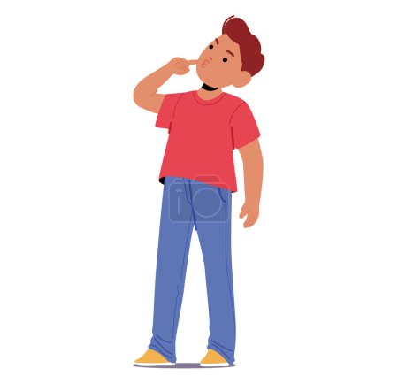 Child Boy Character Look Up. Puzzled Young Lad Gazes Upward, Brows Furrowed, Eyes Searching For Clarity. Curiosity, Uncertainty And Innocence Intertwined In Gaze. Cartoon People Vector Illustration