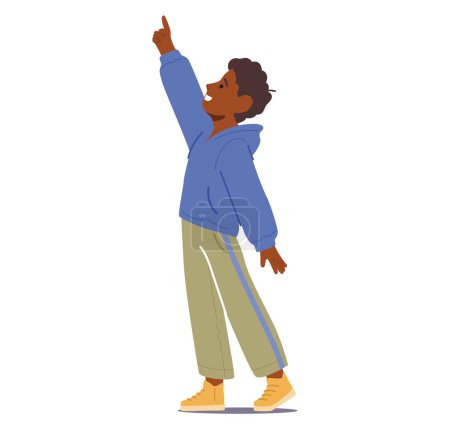 Illustration for Black Child Boy Character Points Upward, Tiny Finger Aimed At The Sky, Eyes Wide With Wonder, Innocence Reflected In Gesture With Curiosity And Excitement. Cartoon People Vector Illustration - Royalty Free Image