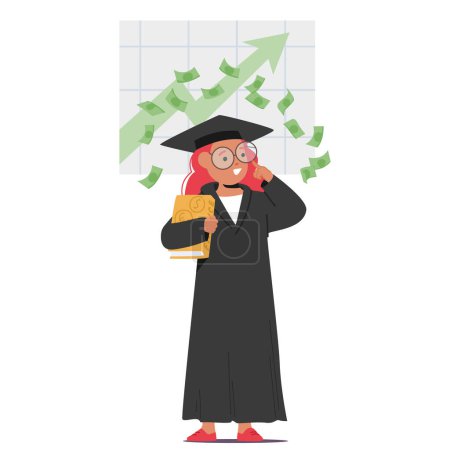 Niña vestida de estudiante negro y tablero de mortero enseña educación financiera a los niños, impartiendo habilidades como presupuestar, ahorrar e invertir, fomentar hábitos responsables de gestión del dinero, Vector
