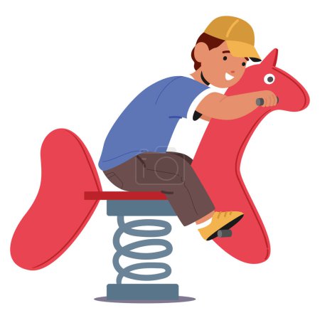 Illustration for Child Joyfully Swings Back And Forth On A Spring-mounted Horse Swing, Giggling Amidst The Playground Laughter And The Creak Of Metal. Boy Character Having Fun. Cartoon People Vector Illustration - Royalty Free Image