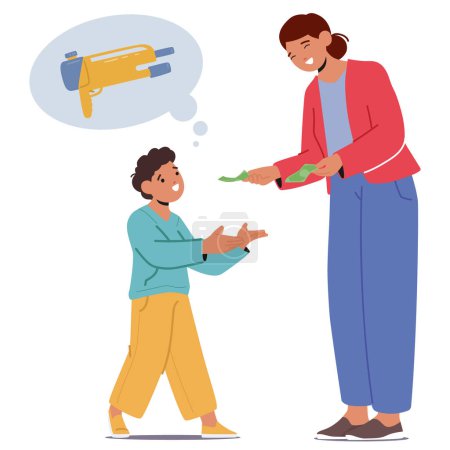 Illustration for Finance Education Concept with Young Boy Character Approaches His Mom, Eyes Sparkling With Hope, Pleading For Money To Purchase A Coveted Toy, Showcasing His Yearning For Joy. Vector Illustration - Royalty Free Image