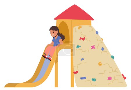 Little Child Girl Character Gleefully Slides Down The Colorful Playground Slide, Laughter Trailing Behind As she Races Gravity, Kid Enjoying Burst Of Joy In Motion. Cartoon People Vector Illustration