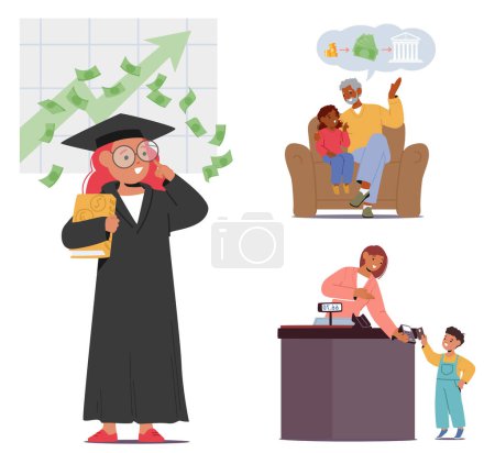 Illustration for Parents Educating Children On Finance Involves Imparting Money Management Skills, Savings Habits, Budgeting Techniques And The Value Of Investments, Fostering Financial Independence And Responsibility - Royalty Free Image