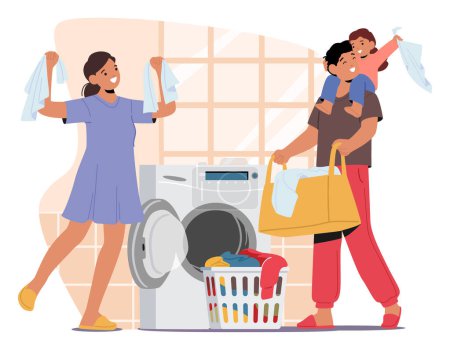 Illustration for Joyful Scene Unfolds As A Busy Family Characters Parents and Kids Cheerfully Tackles Laundry Together At Home, Bonding Over Chores And Creating Warm Memories. Cartoon People Vector Illustration - Royalty Free Image