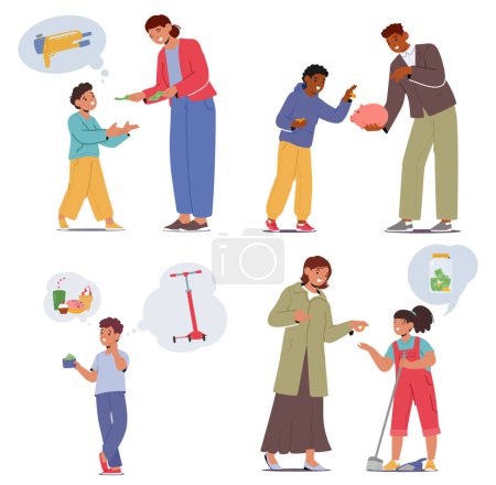 Illustration for Parents Teaching Children Finance Education Involves Guiding Them On Budgeting, Saving, And The Value Of Money, Fostering Financial Literacy And Responsibility From An Early Age. Vector Illustration - Royalty Free Image
