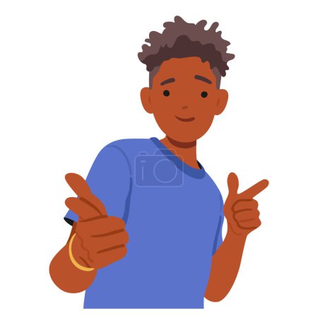 Illustration for Teen Boy Pointing Directly At The Viewer With Index Fingers, Exhibiting Confidence And Assertiveness In His Gesture. Young Black Teenage Character Gesturing. Cartoon People Vector Illustration - Royalty Free Image