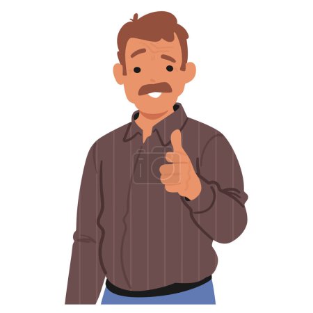Reifer Mann lenkt Aufmerksamkeit mit erhobenem Zeigefinger, der den Betrachter mit selbstbewusster Geste und direktem Augenkontakt fesselt. Schnurrbart, männlicher Charakter. Cartoon People Vektor Illustration