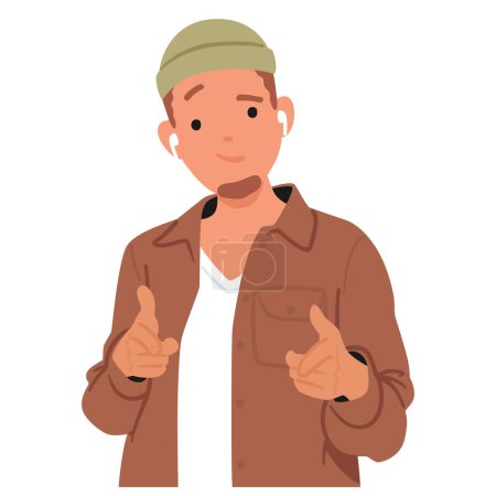 Confident Male Character in Hipster Clothes with Extended Index Fingers, Directs Toward The Viewer, Conveying Assertiveness And Engagement With A Simple Gesture. Cartoon People Vector Illustration